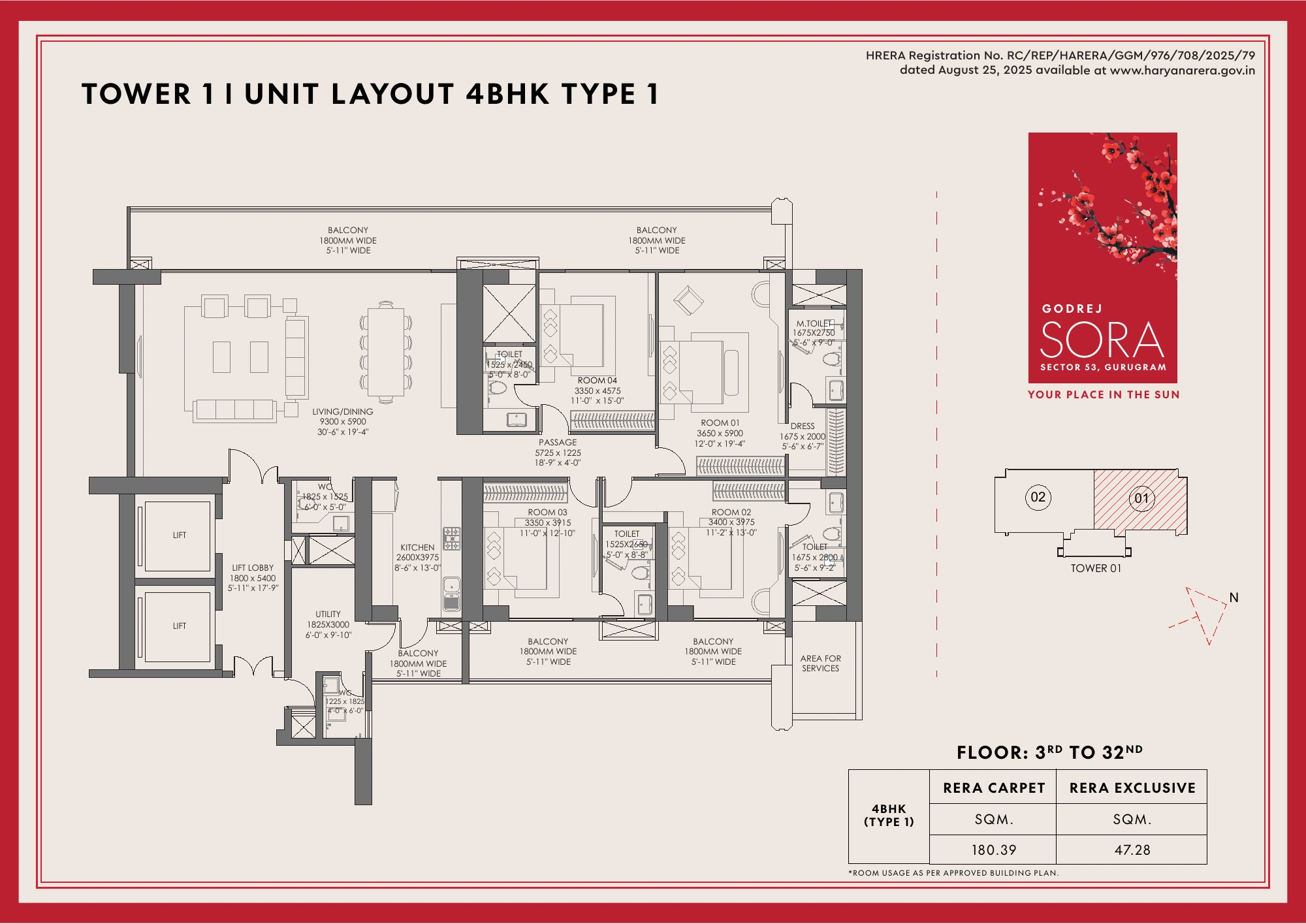 Godrej Sora — 4 BHK — Tower 1, Type 1 floor plan