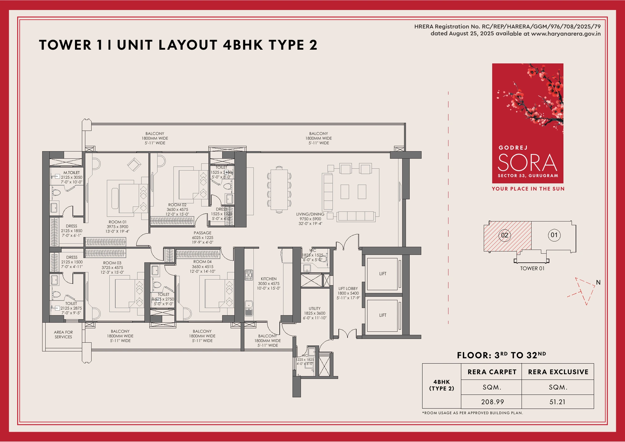 Godrej Sora — 4 BHK — Tower 1, Type 2 floor plan