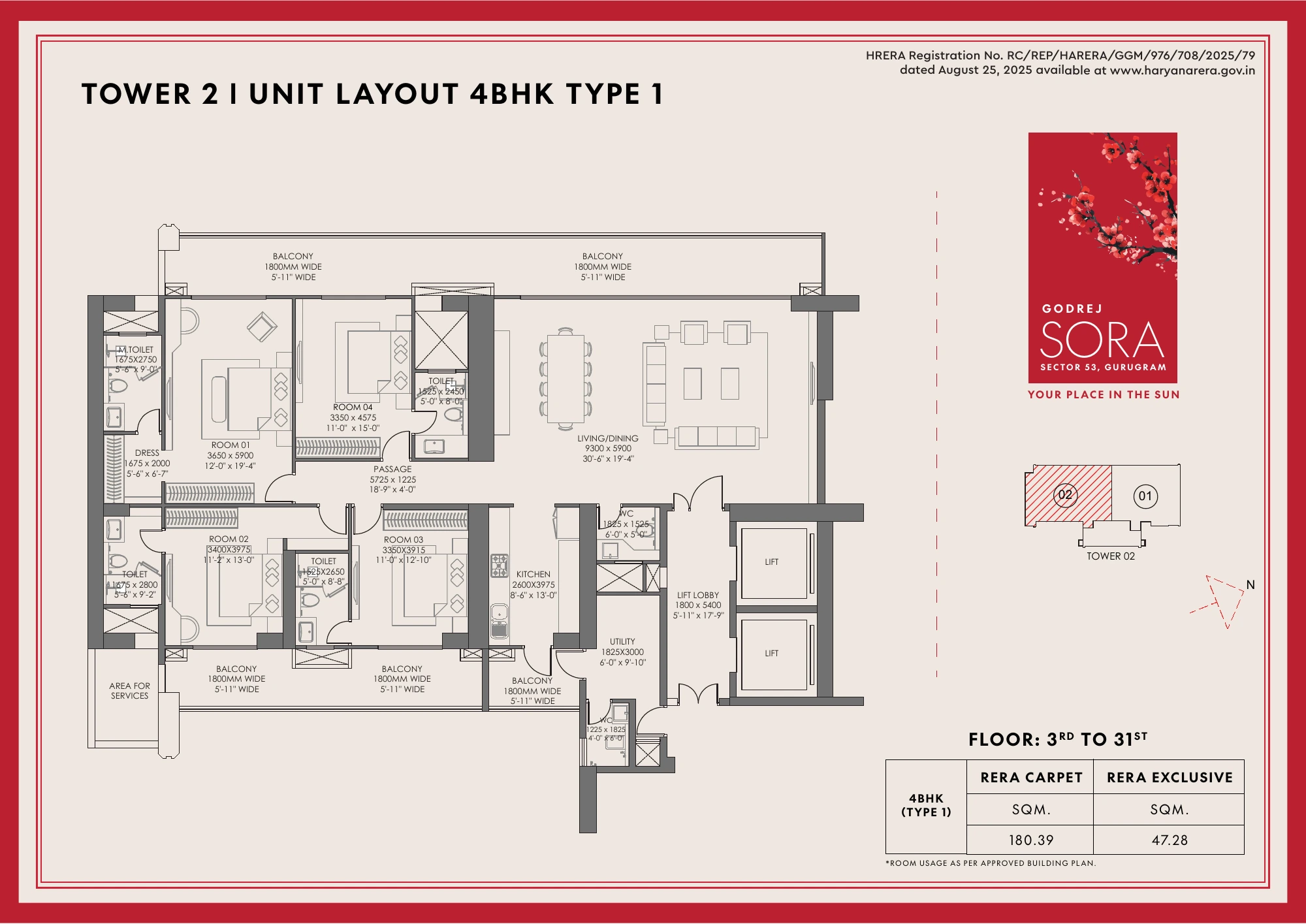 Godrej Sora — 3 BHK — Tower 2, Type 1 floor plan