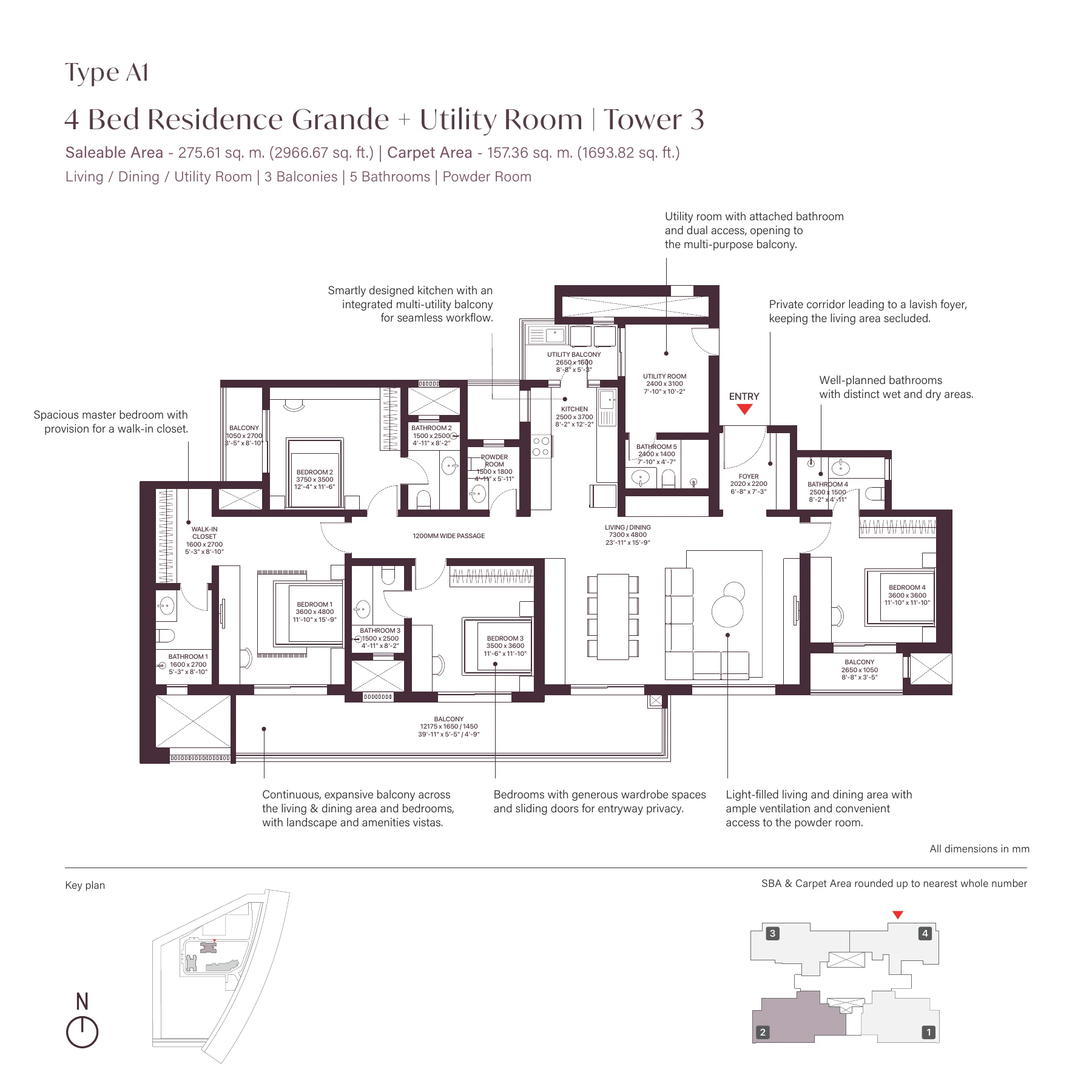 Sobha Crescent — 4 BHK + Utility Room — Type A1, Tower 3 floor plan