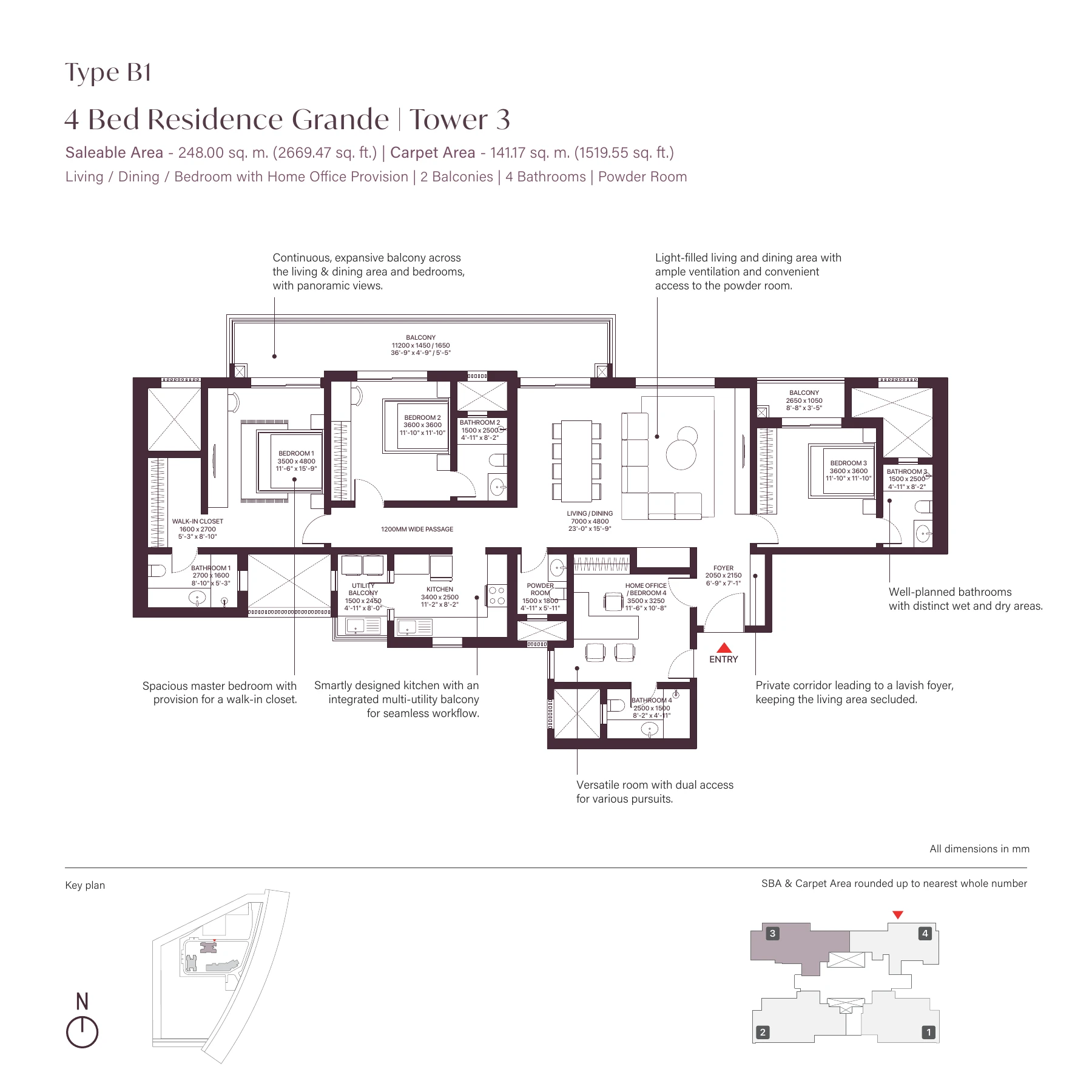 Sobha Crescent — 4 BHK — Type B1, Tower 3 floor plan