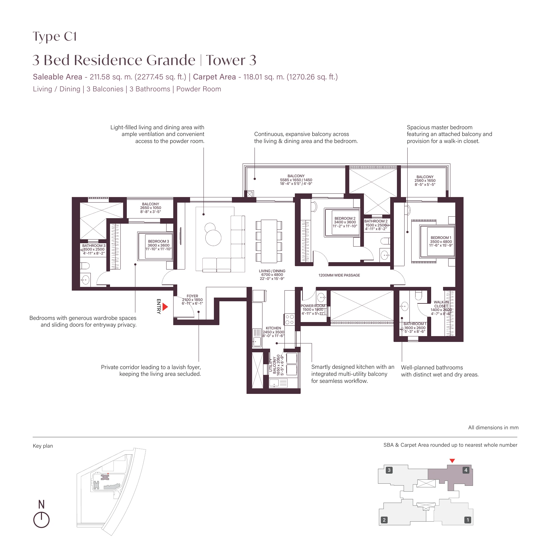 Sobha Crescent — 3 BHK — Type C1, Tower 3 floor plan