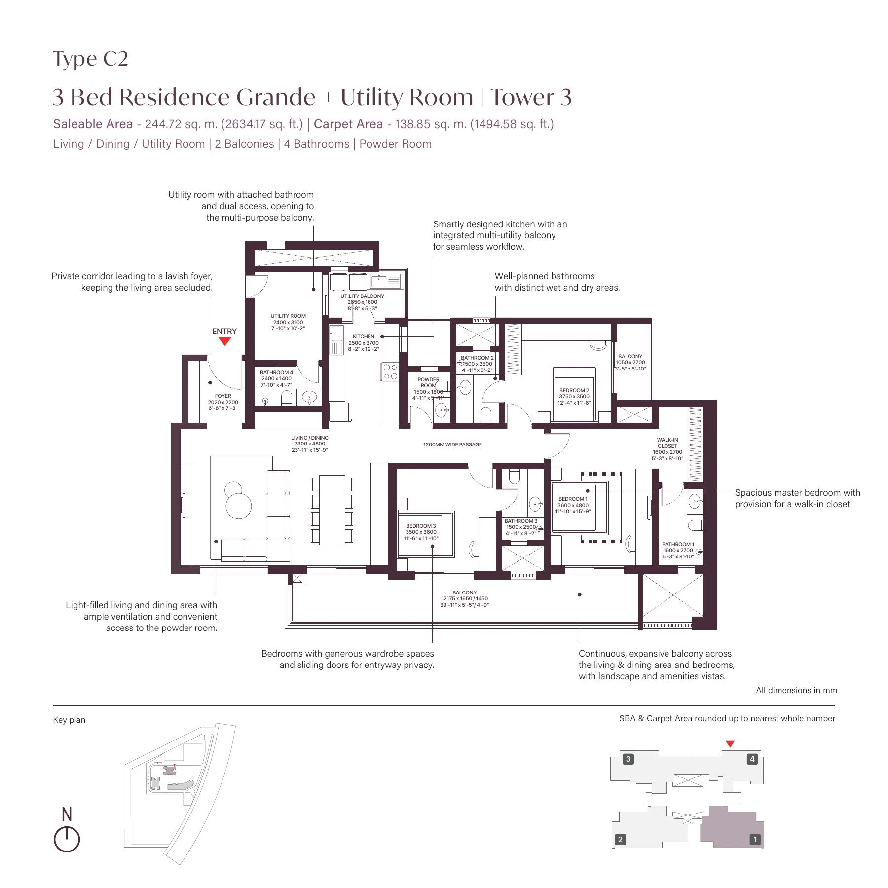 Sobha Crescent — 3 BHK + Utility Room — Type C2, Tower 3 floor plan