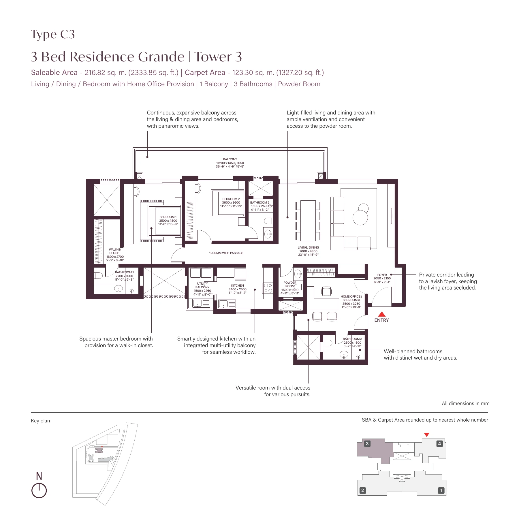 Sobha Crescent — 3 BHK — Type C3, Tower 3 floor plan