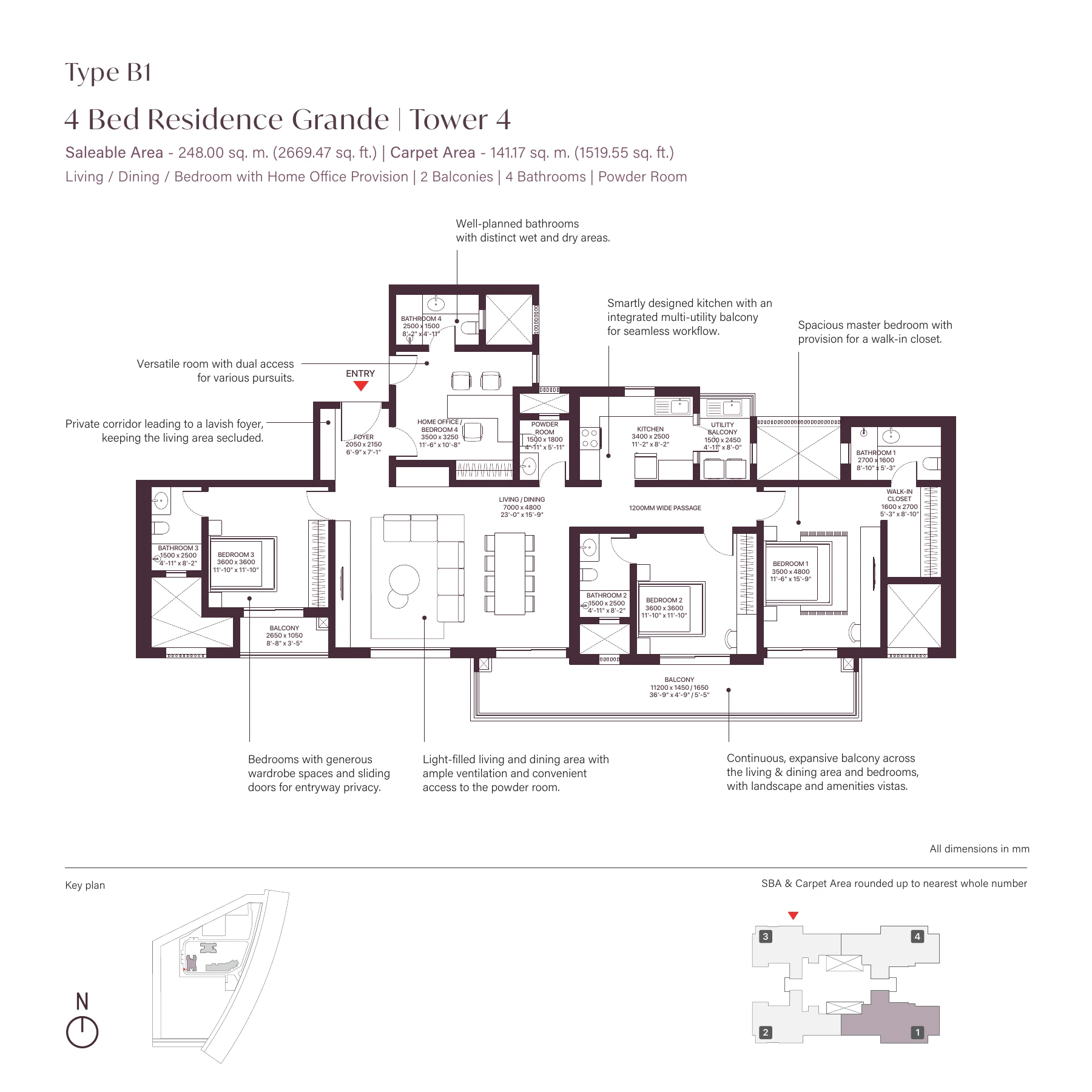Sobha Crescent — 4 BHK — Type B1, Tower 4 floor plan