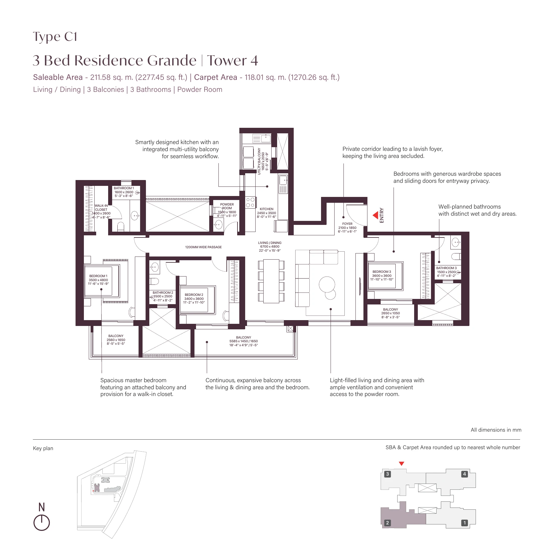 Sobha Crescent — 3 BHK — Type C1, Tower 4 floor plan