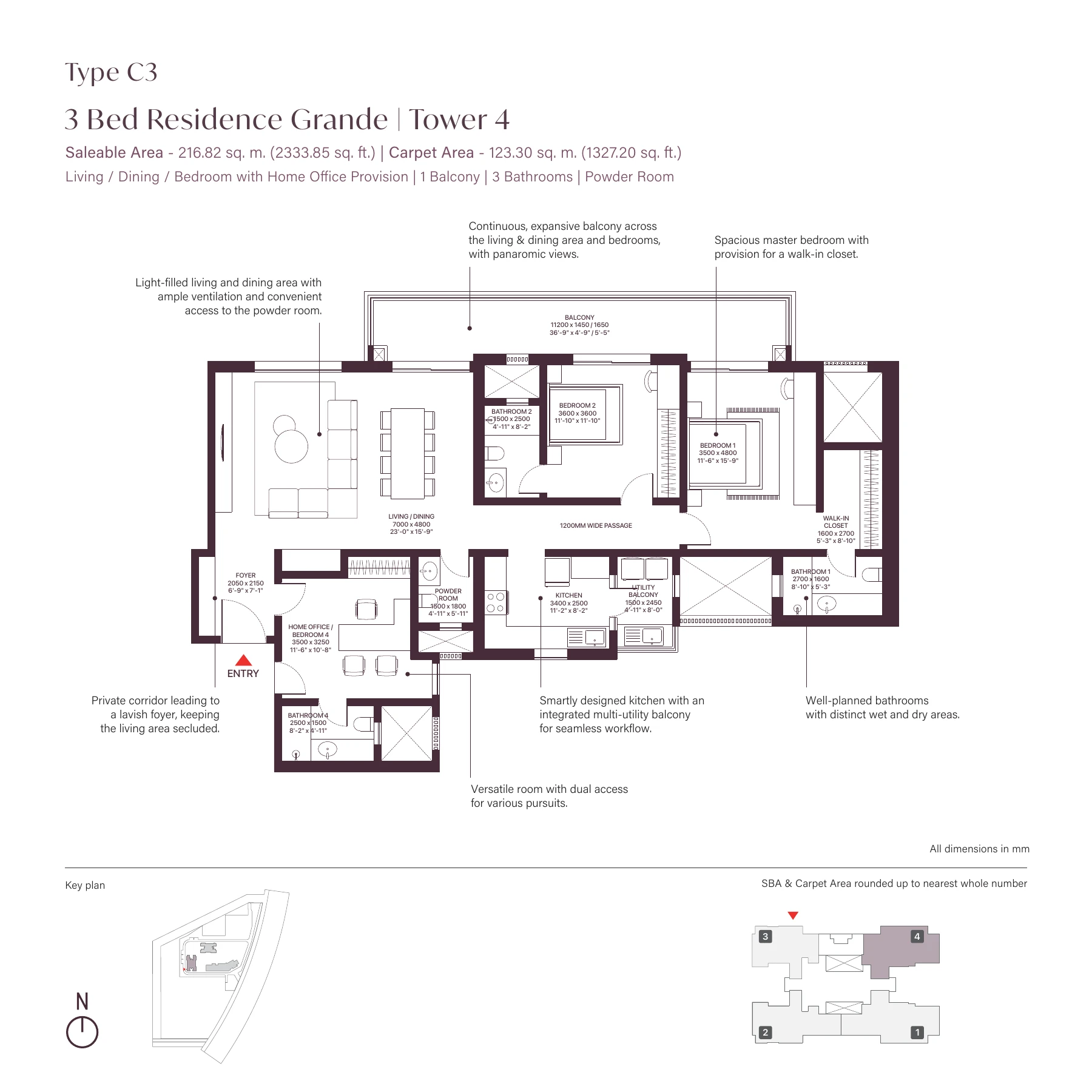 Sobha Crescent — 3 BHK — Type C3, Tower 4 floor plan